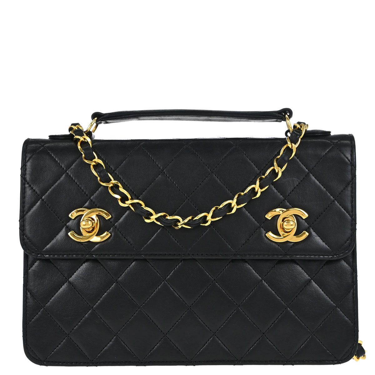 Chanel Black Lambskin Double Turnlock 2way Shoulder Handbag
