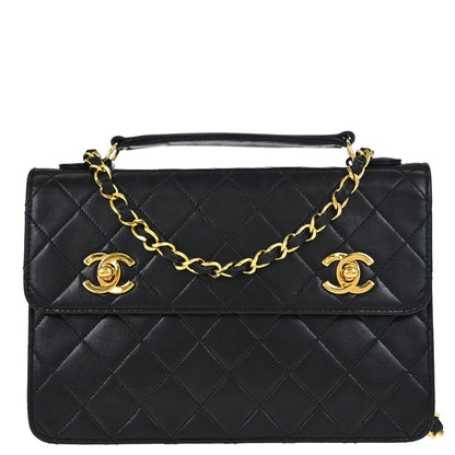Chanel Black Lambskin Double Turnlock 2way Shoulder Handbag