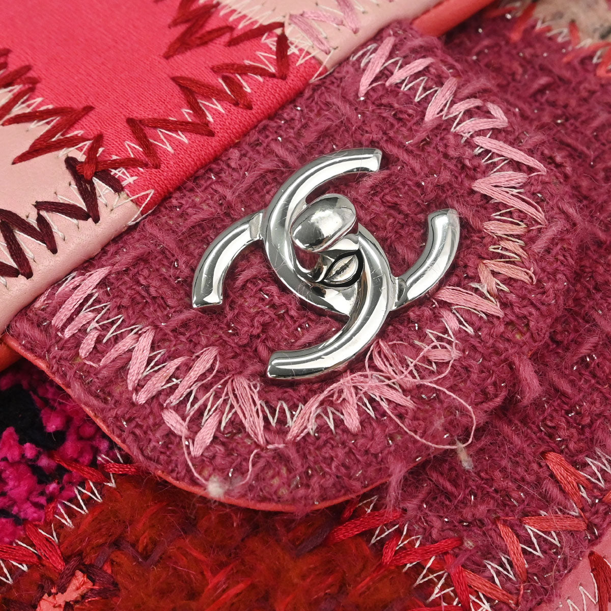 Chanel 2017 Pink Tweed Patchwork Single Flap Shoulder Bag