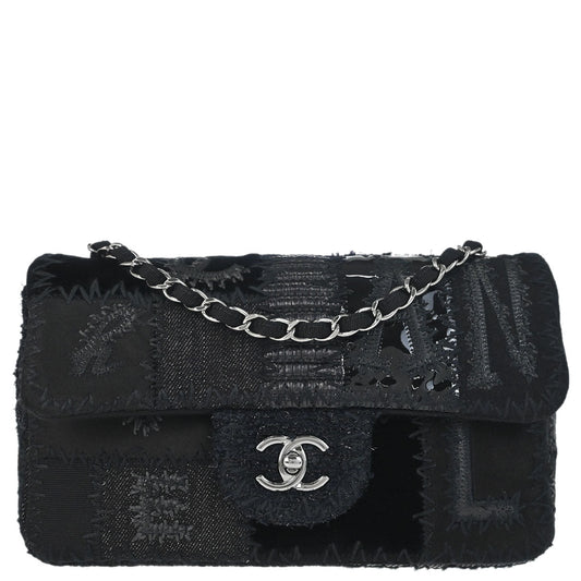 Chanel 2018 Black Denim Tweed Patchwork Single Flap Shoulder Bag