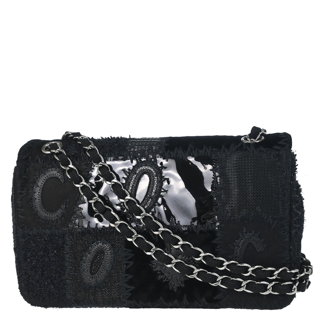 Chanel 2018 Black Denim Tweed Patchwork Single Flap Shoulder Bag