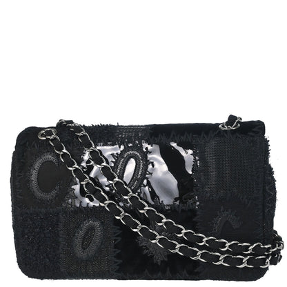 Chanel 2018 Black Denim Tweed Patchwork Single Flap Shoulder Bag