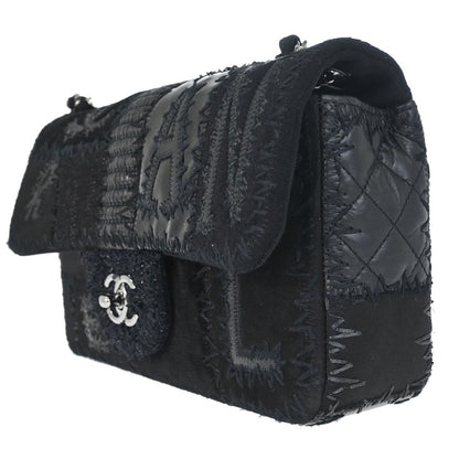 Chanel 2018 Black Denim Tweed Patchwork Single Flap Shoulder Bag