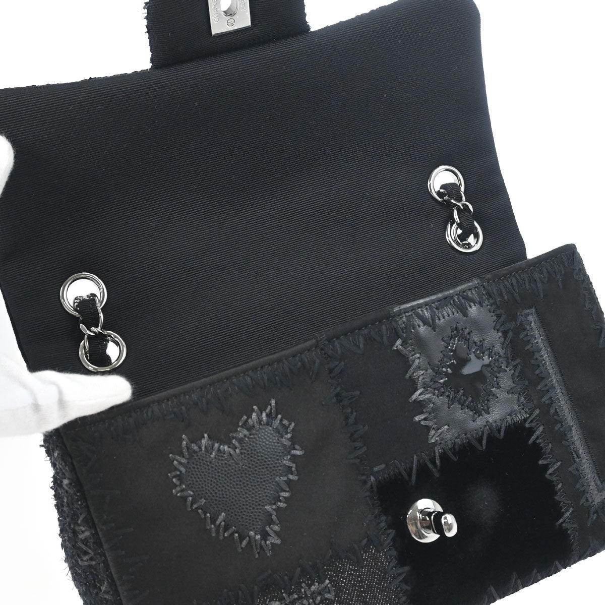 Chanel 2018 Black Denim Tweed Patchwork Single Flap Shoulder Bag