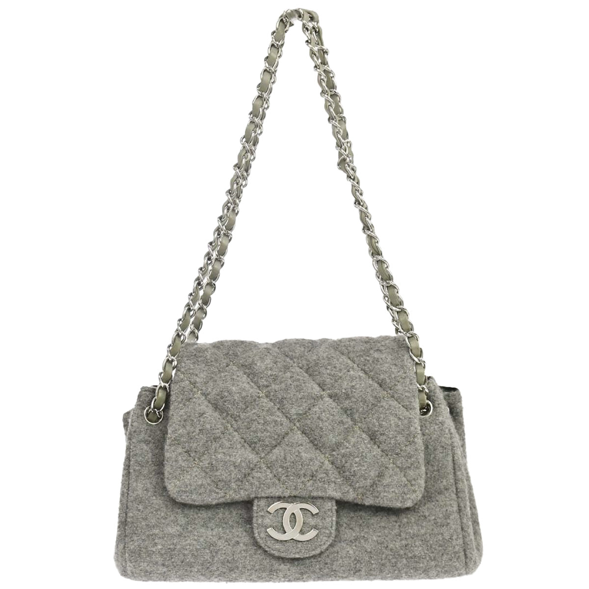 Chanel 2005-2006 Gray Wool Accordion Flap Shoulder Bag