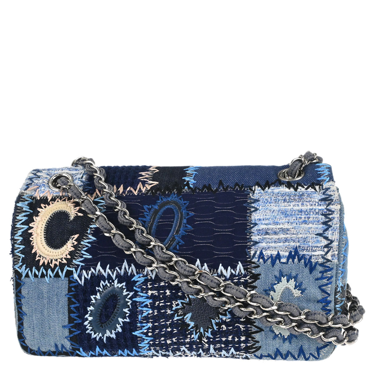 Chanel 2015-2016 Blue Tweed Patchwork Single Flap Shoulder Bag