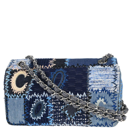 Chanel 2015-2016 Blue Tweed Patchwork Single Flap Shoulder Bag