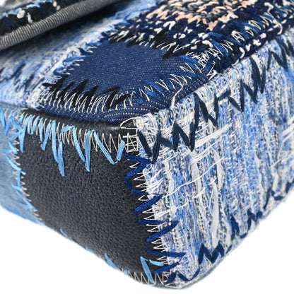 Chanel 2015-2016 Blue Tweed Patchwork Single Flap Shoulder Bag