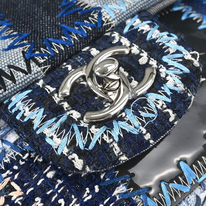 Chanel 2015-2016 Blue Tweed Patchwork Single Flap Shoulder Bag