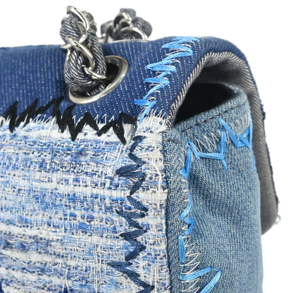 Chanel 2015-2016 Blue Tweed Patchwork Single Flap Shoulder Bag