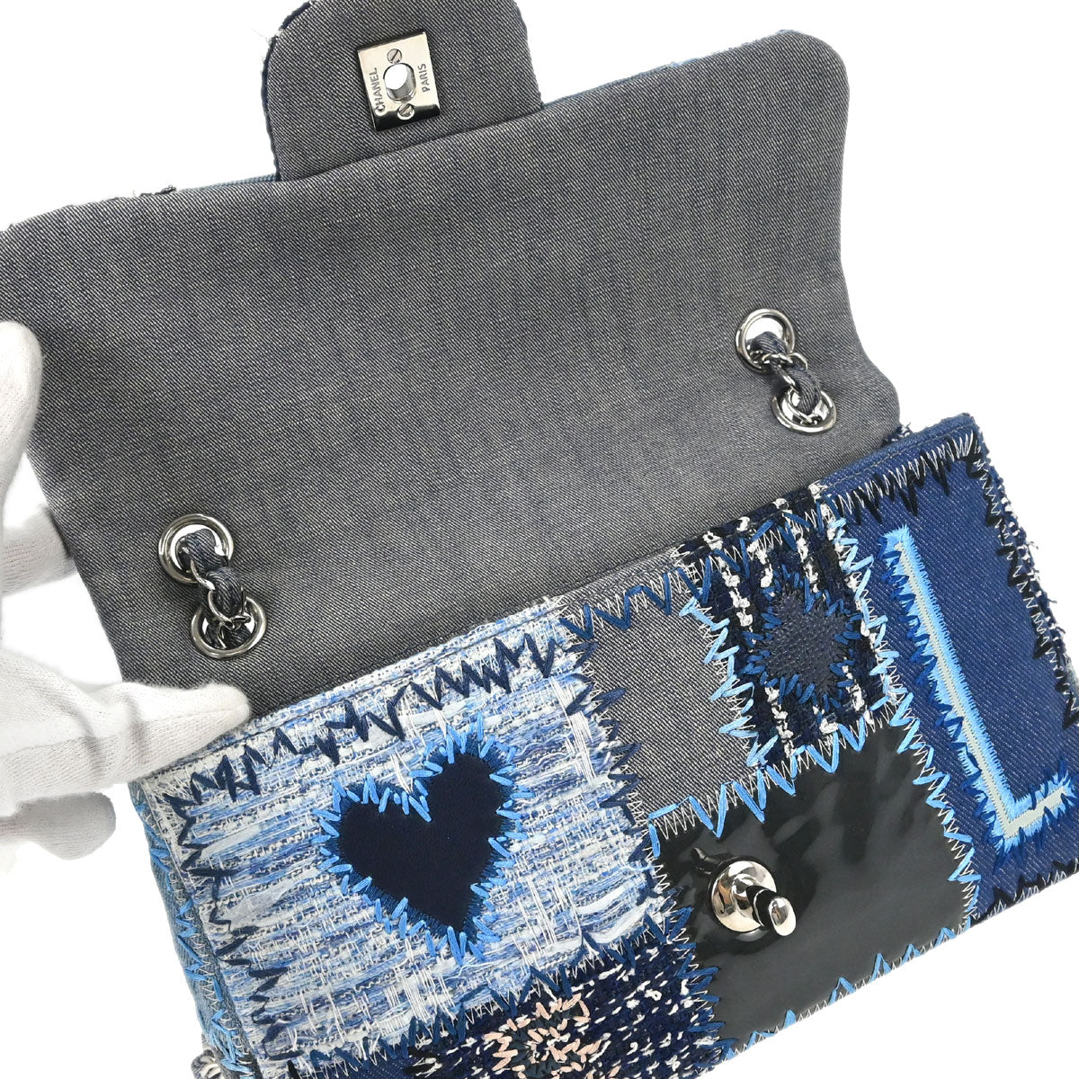 Chanel 2015-2016 Blue Tweed Patchwork Single Flap Shoulder Bag