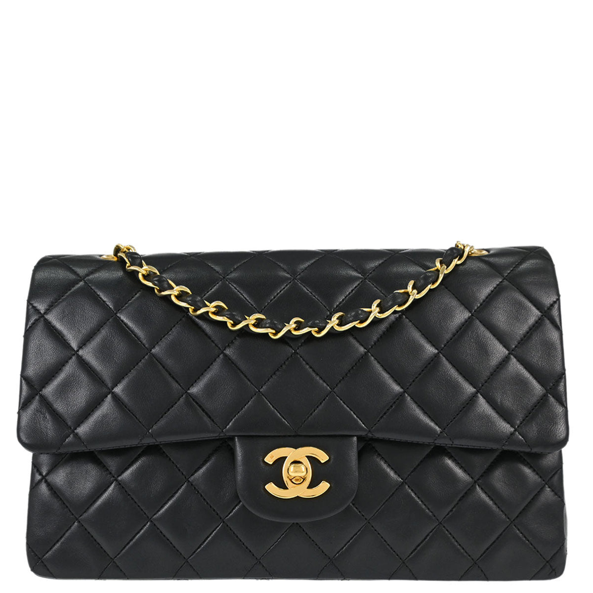 Chanel 1989-1991 Black Lambskin Medium Classic Double Flap Shoulder Bag