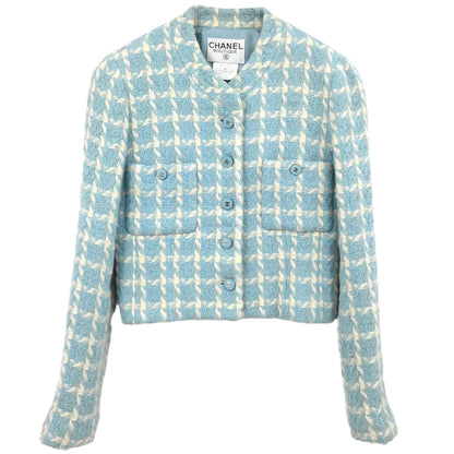 Chanel 1996 Collarless Tweed Check Jacket Light Blue #36