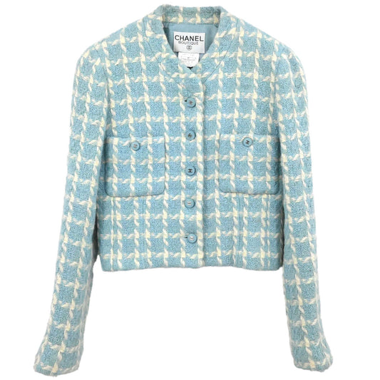 Chanel 1996 Collarless Tweed Check Jacket Light Blue #36