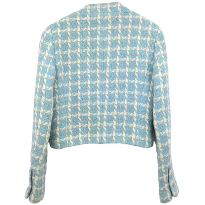 Chanel 1996 Collarless Tweed Check Jacket Light Blue #36