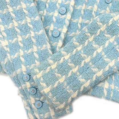 Chanel 1996 Collarless Tweed Check Jacket Light Blue #36