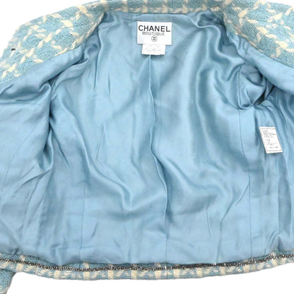 Chanel 1996 Collarless Tweed Check Jacket Light Blue #36