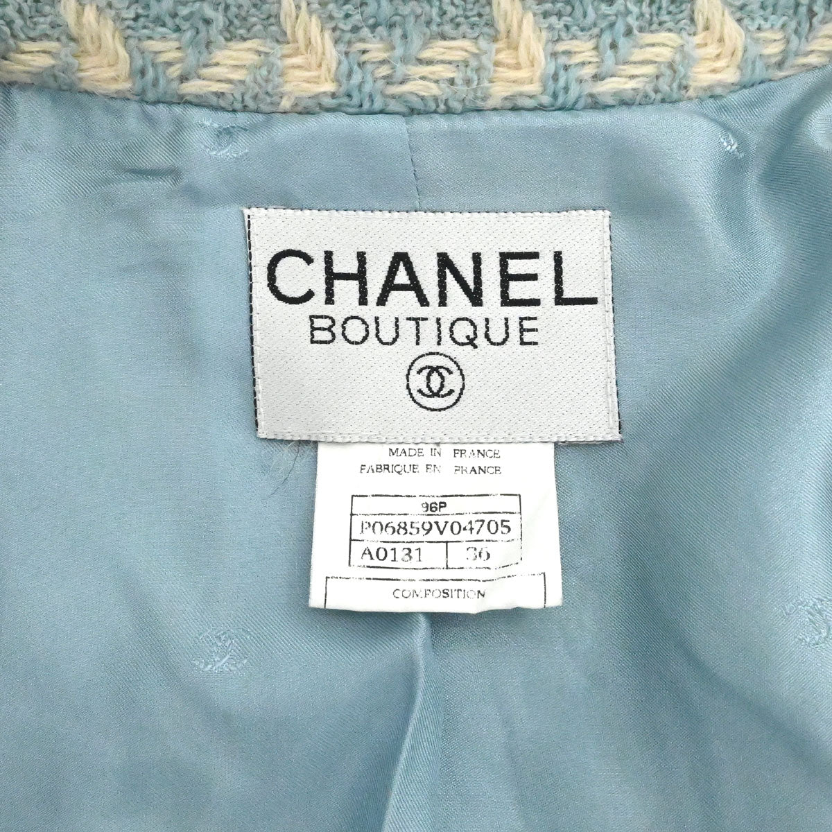 Chanel 1996 Collarless Tweed Check Jacket Light Blue #36