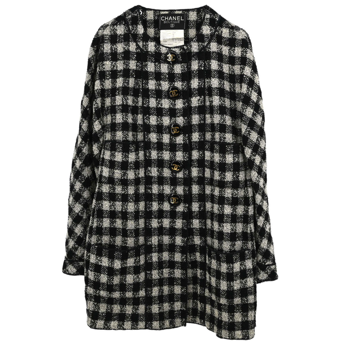 Chanel 1994 Single Breasted Jacket Tweed Check Black Gray #38