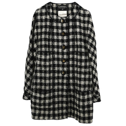 Chanel 1994 Single Breasted Jacket Tweed Check Black Gray #38