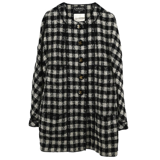 Chanel 1994 Single Breasted Jacket Tweed Check Black Gray #38