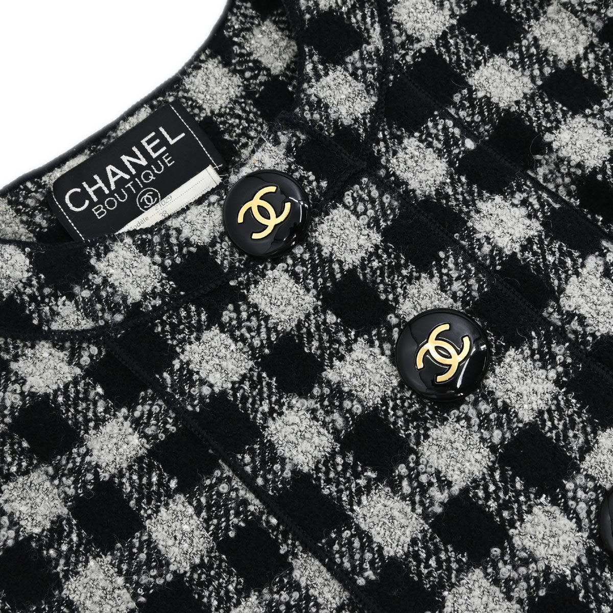 Chanel 1994 Single Breasted Jacket Tweed Check Black Gray #38