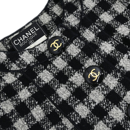 Chanel 1994 Single Breasted Jacket Tweed Check Black Gray #38