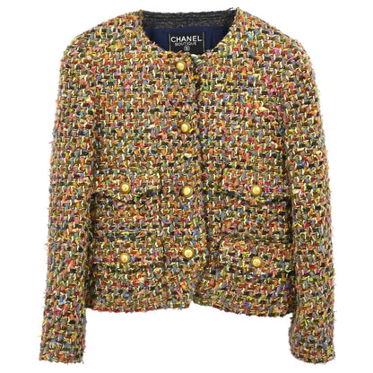 Chanel 1993 Single Breasted Collarless Jacket Tweed Khaki #38