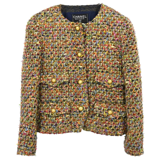 Chanel 1993 Single Breasted Collarless Jacket Tweed Khaki #38