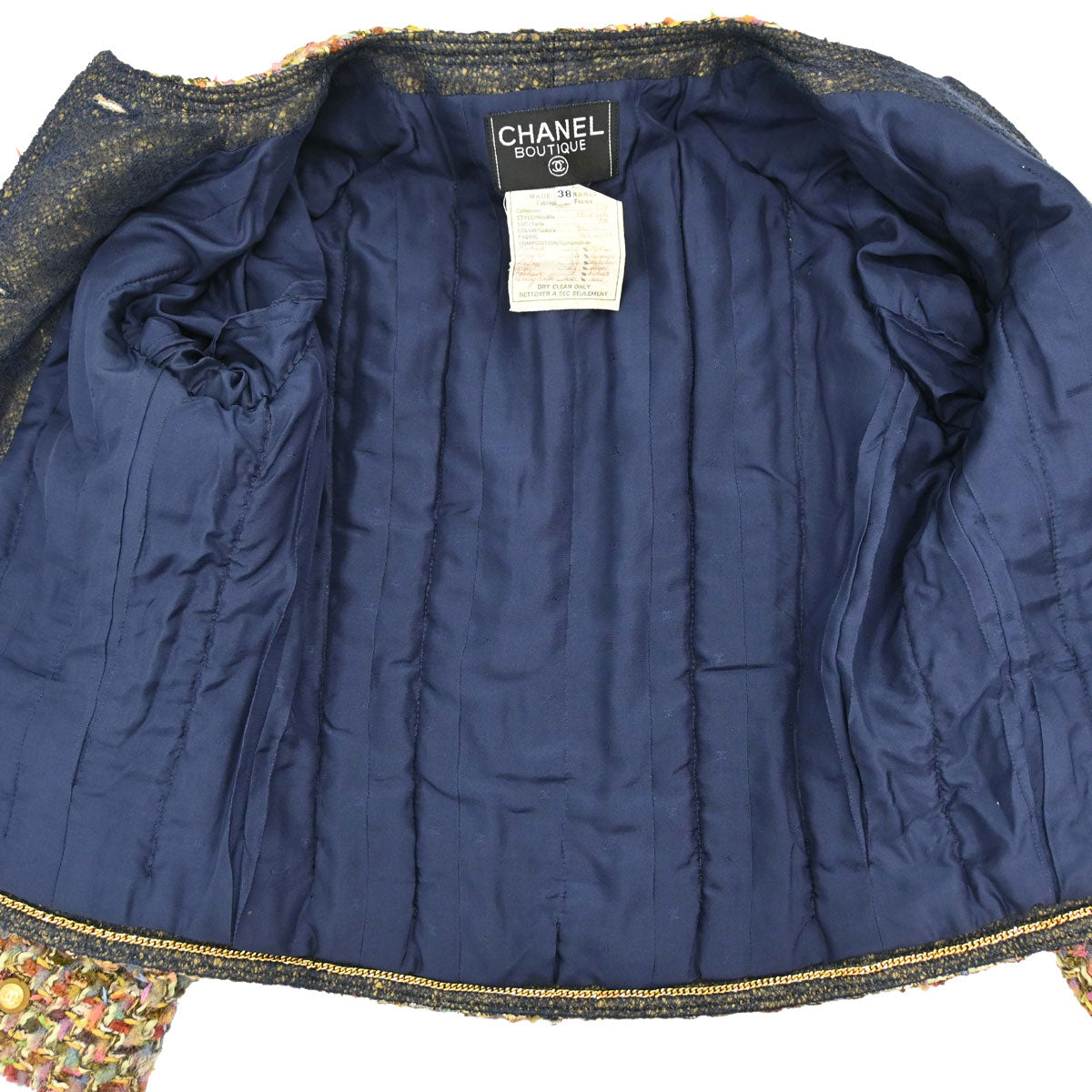 Chanel 1993 Single Breasted Collarless Jacket Tweed Khaki #38