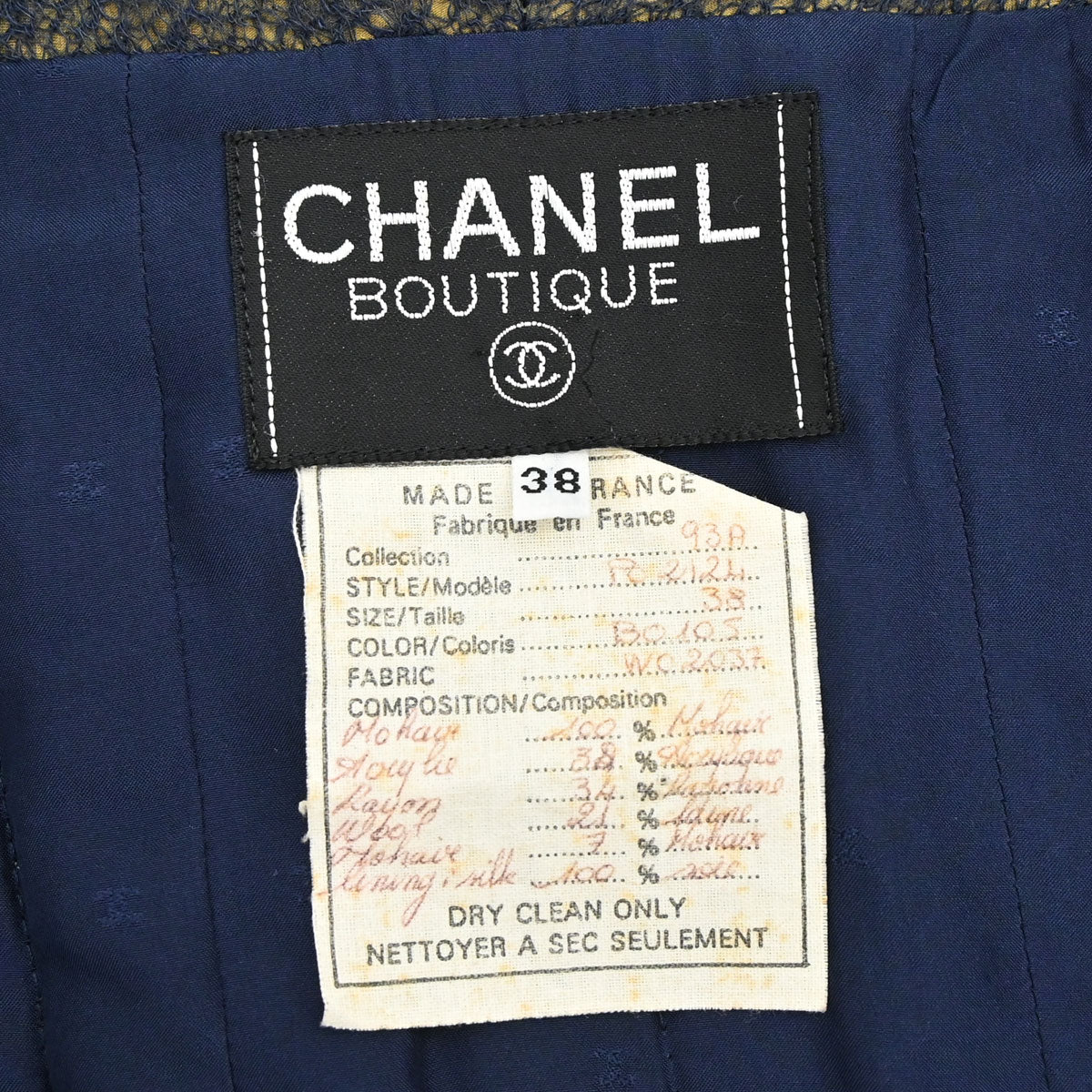 Chanel 1993 Single Breasted Collarless Jacket Tweed Khaki #38