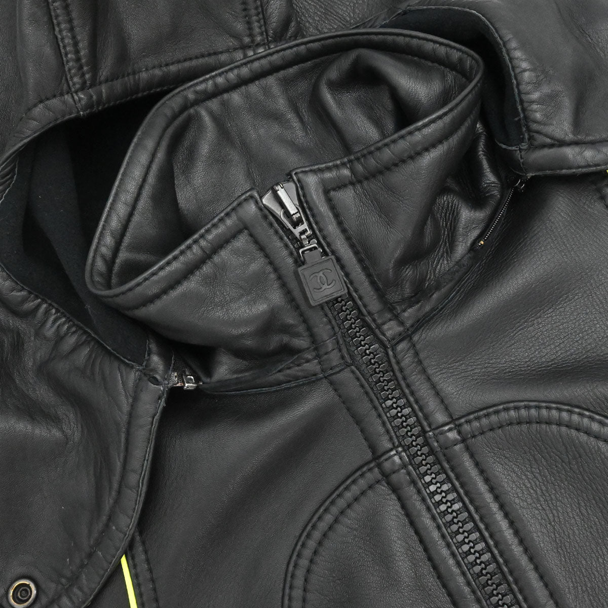 Chanel 2004 Sport Line Hooded Zip Up Leather Jacket Black #42