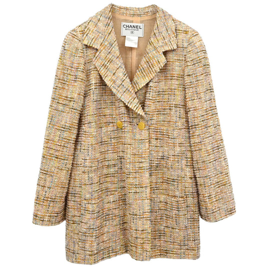 Chanel 1999 Double Breasted Tweed Jacket Beige #36