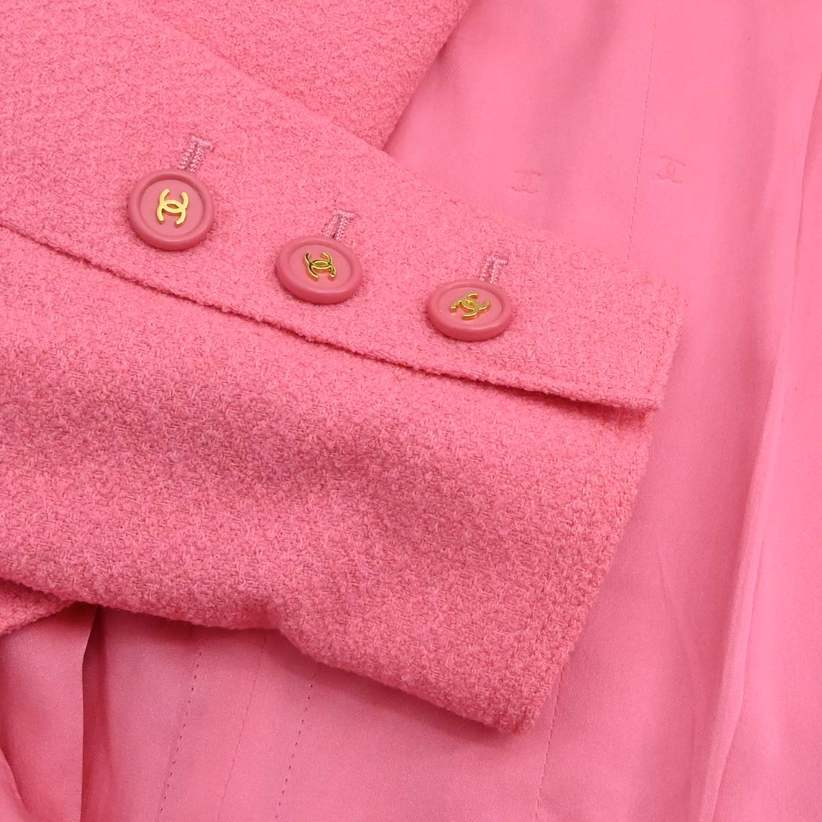 Chanel 1997 Tweed Setup Suit Jacket Skirt Pink #38