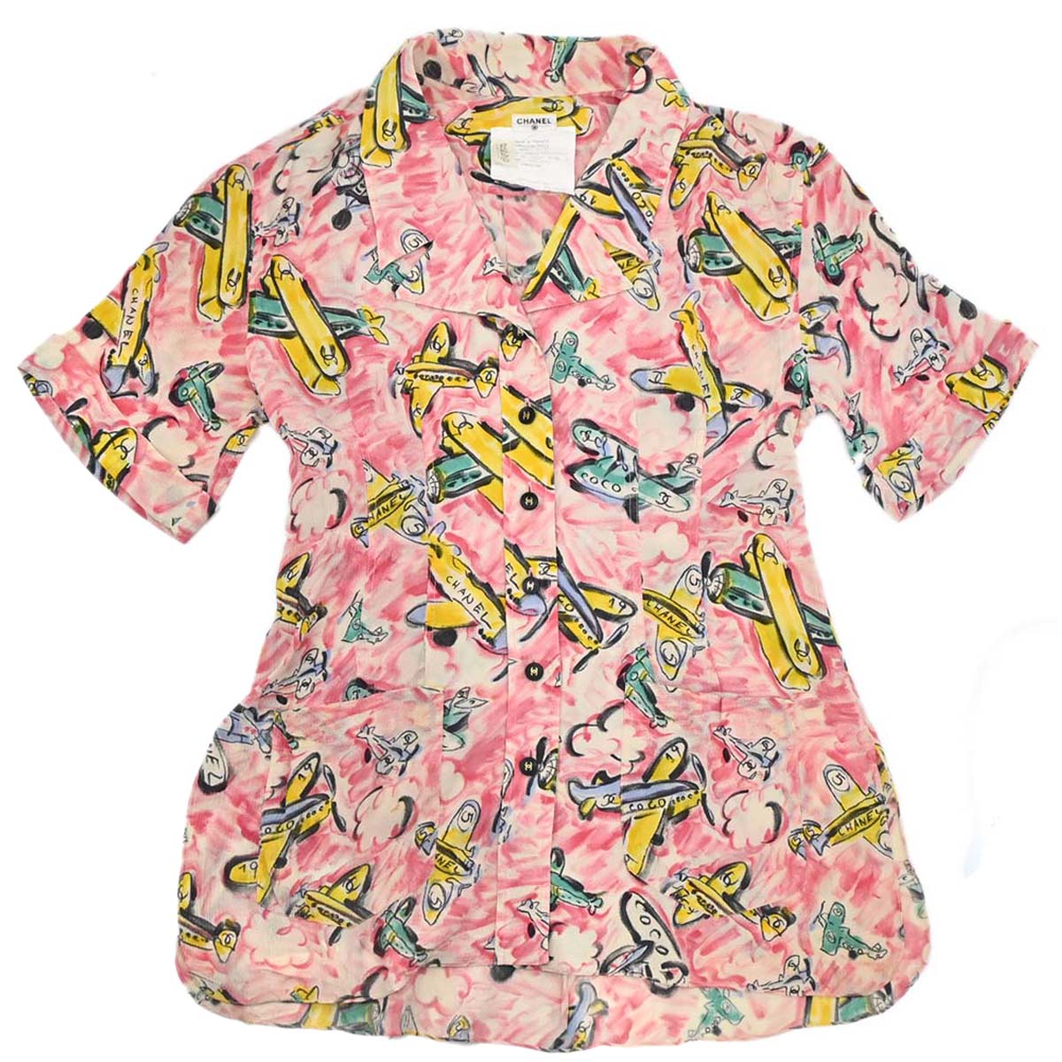 Chanel Short Sleeve Airplane Print Shirt Blouse Pink #40