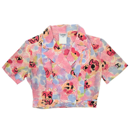 Chanel Short Sleeve Cropped Floral Print Shirt Blouse Pink