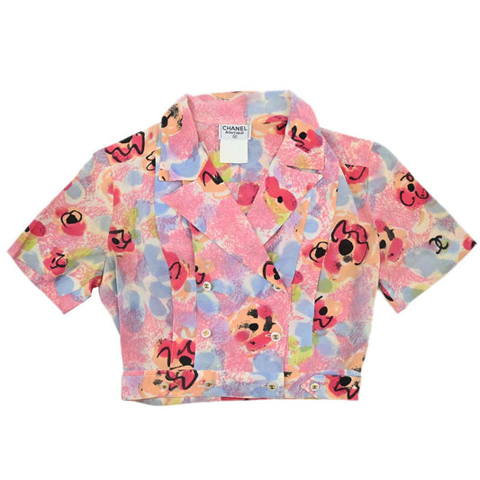 Chanel Short Sleeve Cropped Floral Print Shirt Blouse Pink