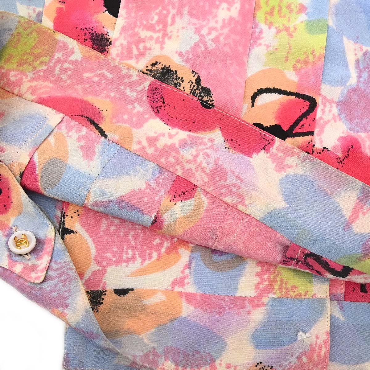 Chanel Short Sleeve Cropped Floral Print Shirt Blouse Pink