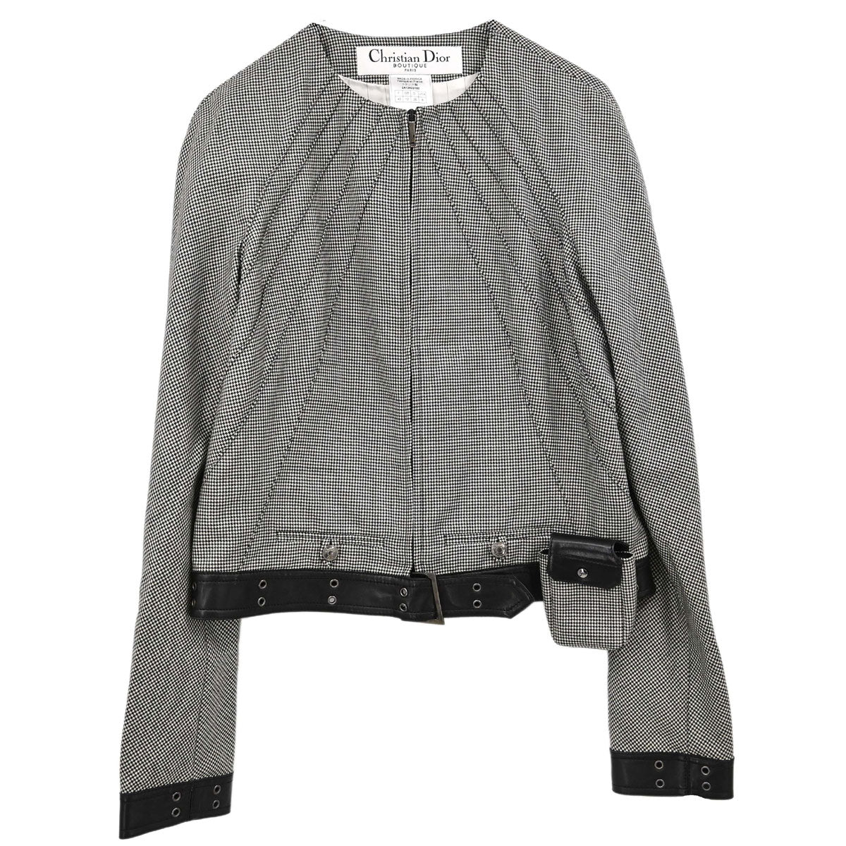 Christian Dior 2002 Collarless Zip Up Houndstooth Jacket Black #40