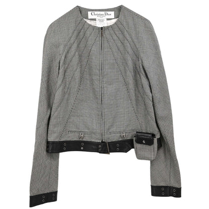 Christian Dior 2002 Collarless Zip Up Houndstooth Jacket Black #40