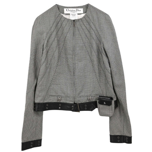 Christian Dior 2002 Collarless Zip Up Houndstooth Jacket Black #40