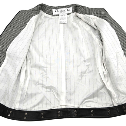 Christian Dior 2002 Collarless Zip Up Houndstooth Jacket Black #40