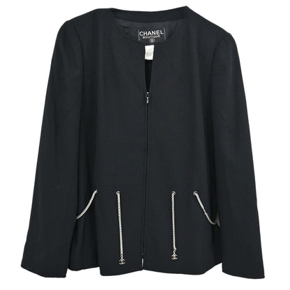 Chanel 1998 Zip Up Collarless Jacket Chain Belt Black #38