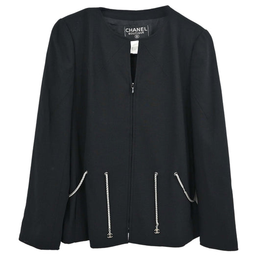Chanel 1998 Zip Up Collarless Jacket Chain Belt Black #38