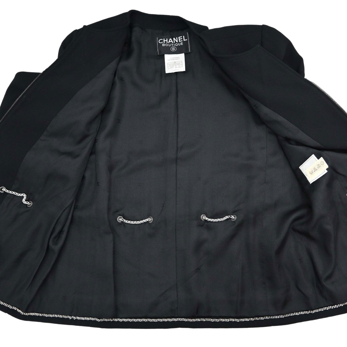 Chanel 1998 Zip Up Collarless Jacket Chain Belt Black #38
