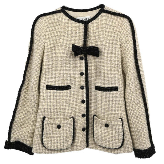 Chanel 2003 Collarless Jacket Tweed Beige #34