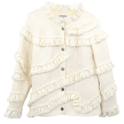 Chanel 2014 Single Breasted Fringe Tweed Jacket White #36