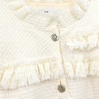 Chanel 2014 Single Breasted Fringe Tweed Jacket White #36