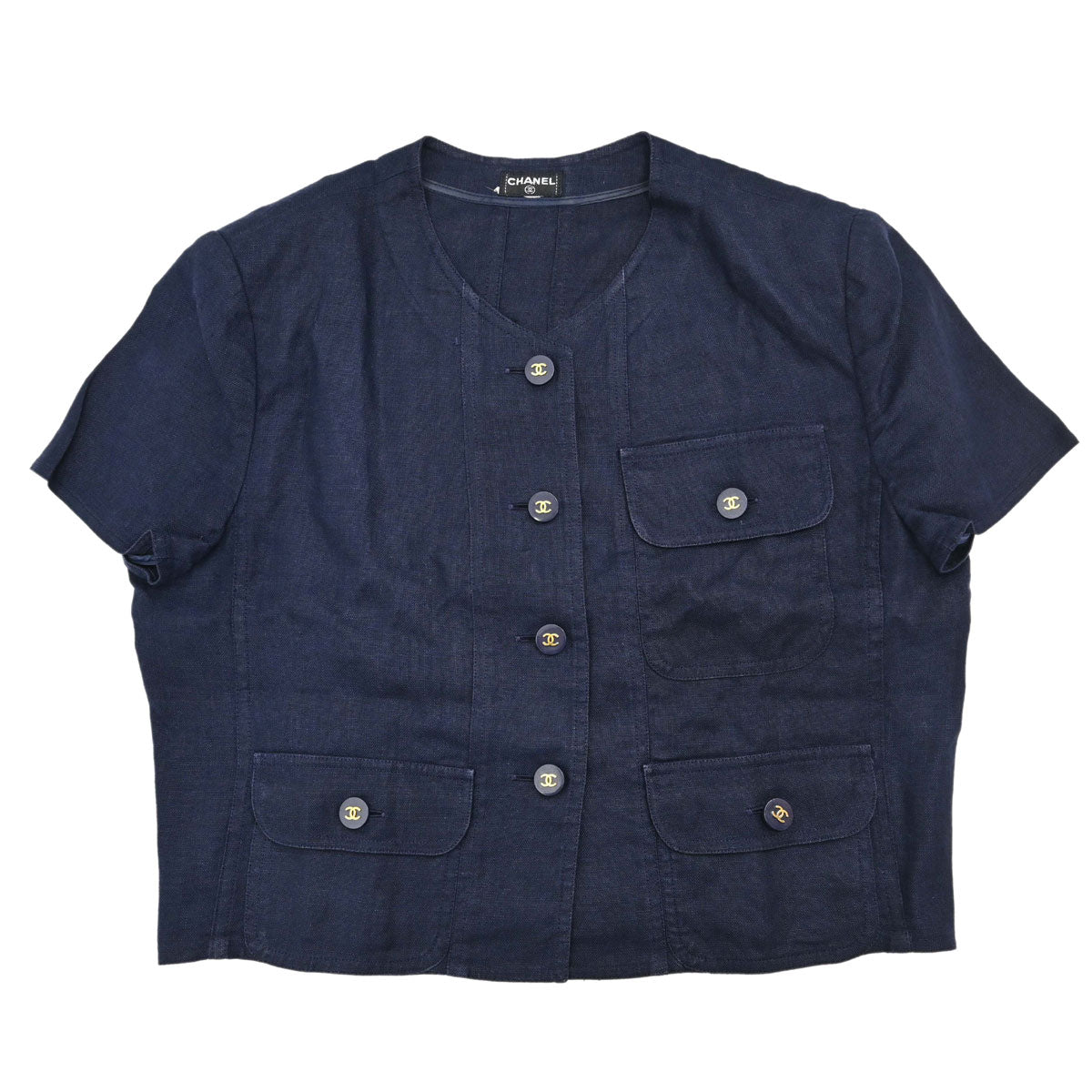 Chanel Button Up Short Sleeve Top Linen Navy