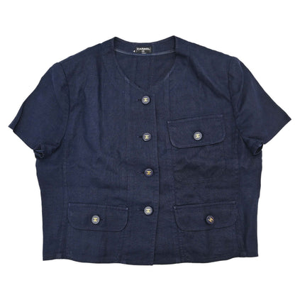 Chanel Button Up Short Sleeve Top Linen Navy